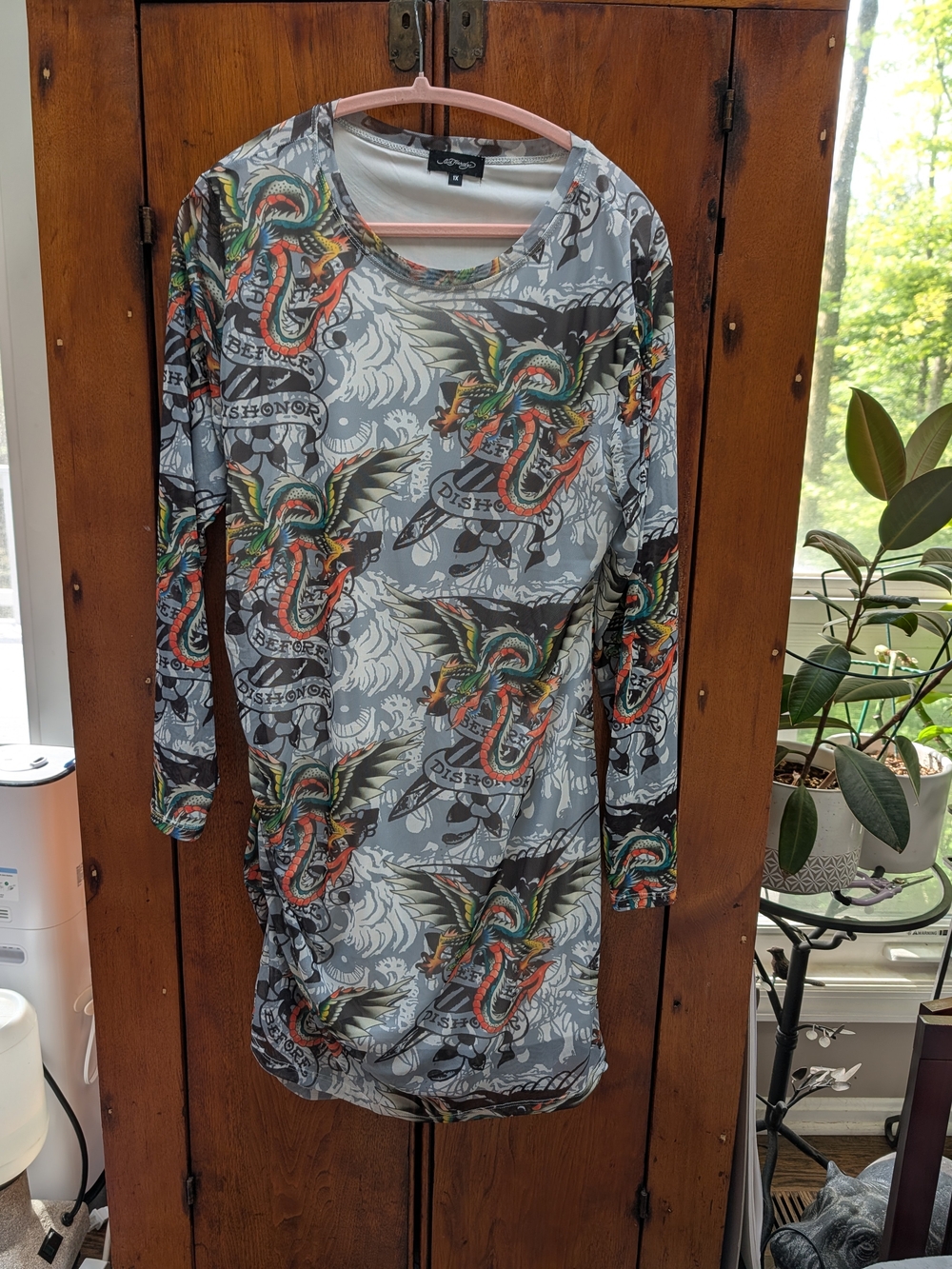 Ed Hardy Lined Mesh Dragon Tattoo Print Dress